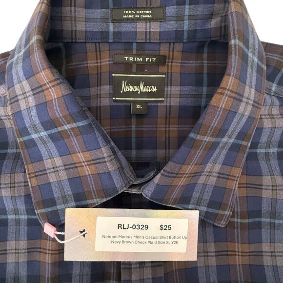 Neiman Marcus Men's Casual Shirt Button Up Navy Brown Check Plaid - Picture 3 of 6